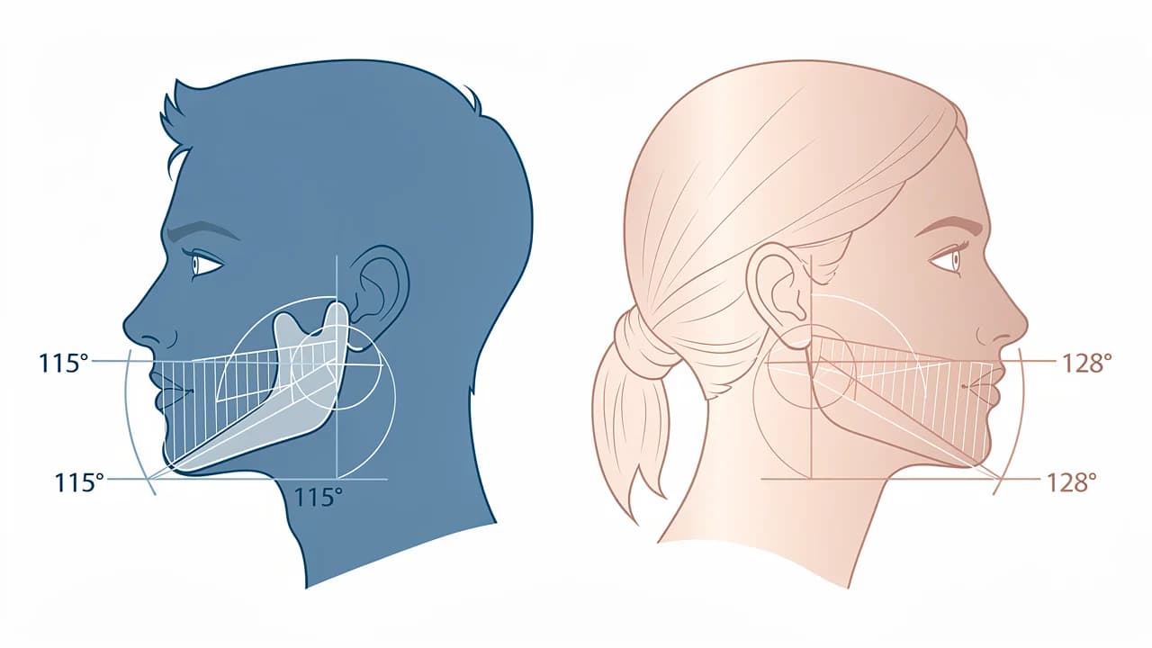 Gonial angle comparison showing 115-122 degree male ideal vs 120-128 degree female ideal