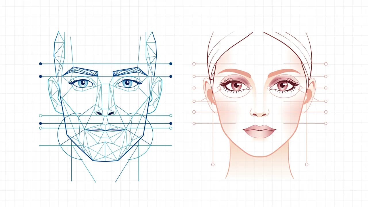 Male vs female PSL metric comparison showing different ideal ranges for jawline, eye area, and facial proportions